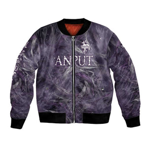 Anput Sacred Urn Bomber Jacket with Papyrus Flowers Egyptian Guardian in Violet Mist