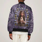 Anput Sacred Urn Bomber Jacket with Papyrus Flowers Egyptian Guardian in Violet Mist