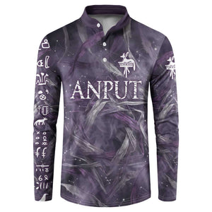 Anput Sacred Urn Button Sweatshirt with Papyrus Flowers Egyptian Guardian in Violet Mist
