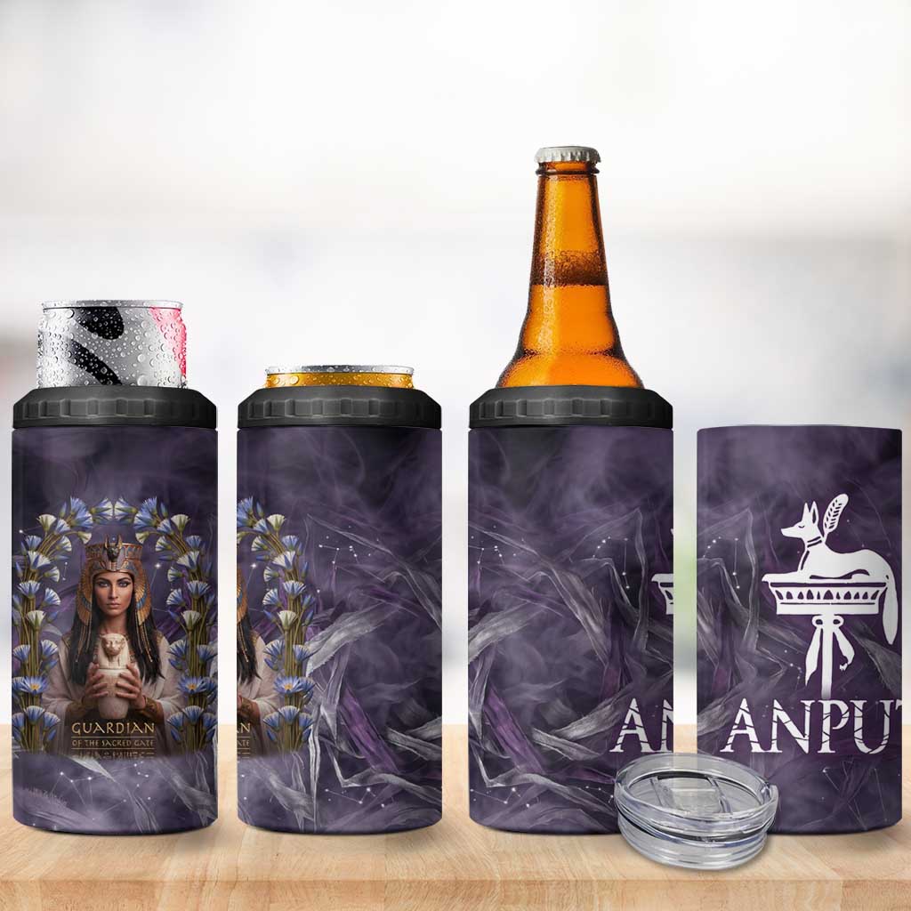Anput Sacred Urn 4 in 1 Can Cooler Tumbler with Papyrus Flowers Egyptian Guardian in Violet Mist