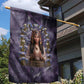 Anput Sacred Urn Garden Flag with Papyrus Flowers Egyptian Guardian in Violet Mist