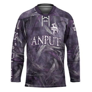 Anput Sacred Urn Hockey Jersey with Papyrus Flowers Egyptian Guardian in Violet Mist