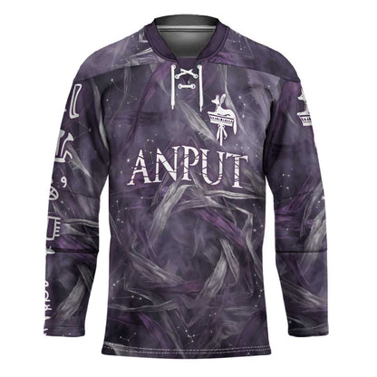 Anput Sacred Urn Hockey Jersey with Papyrus Flowers Egyptian Guardian in Violet Mist