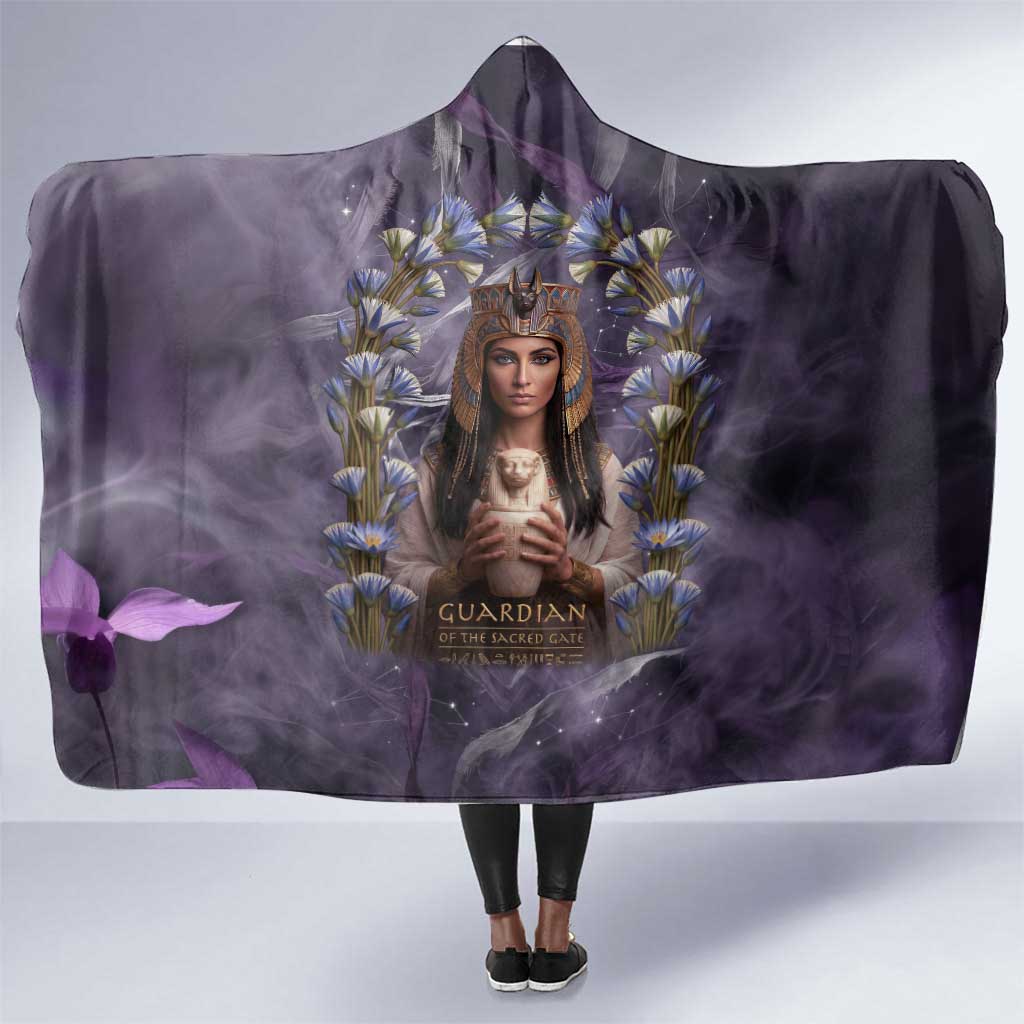 Anput Sacred Urn Hooded Blanket with Papyrus Flowers Egyptian Guardian in Violet Mist