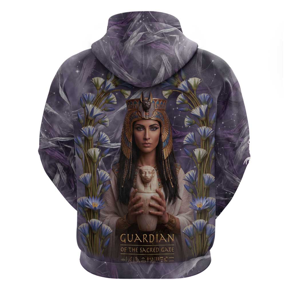 Anput Sacred Urn Hoodie with Papyrus Flowers Egyptian Guardian in Violet Mist