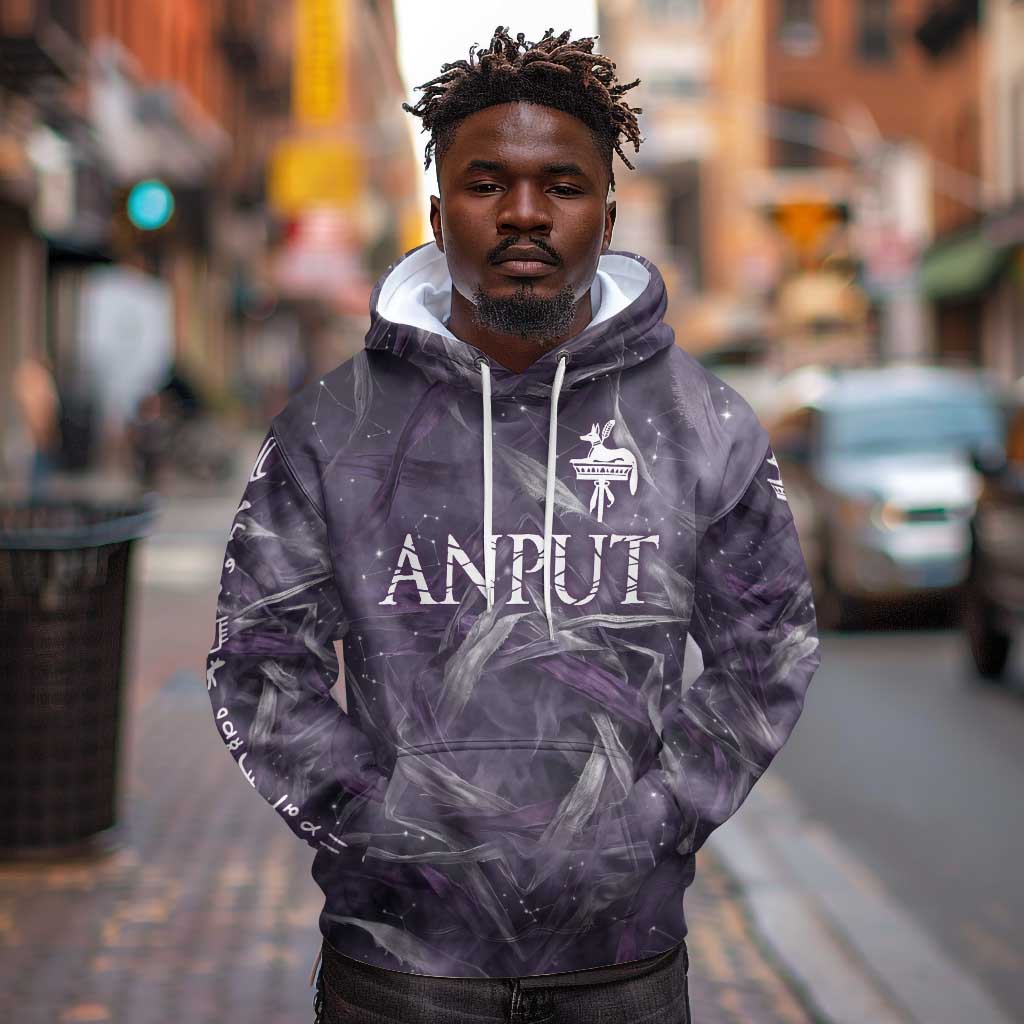 Anput Sacred Urn Hoodie with Papyrus Flowers Egyptian Guardian in Violet Mist