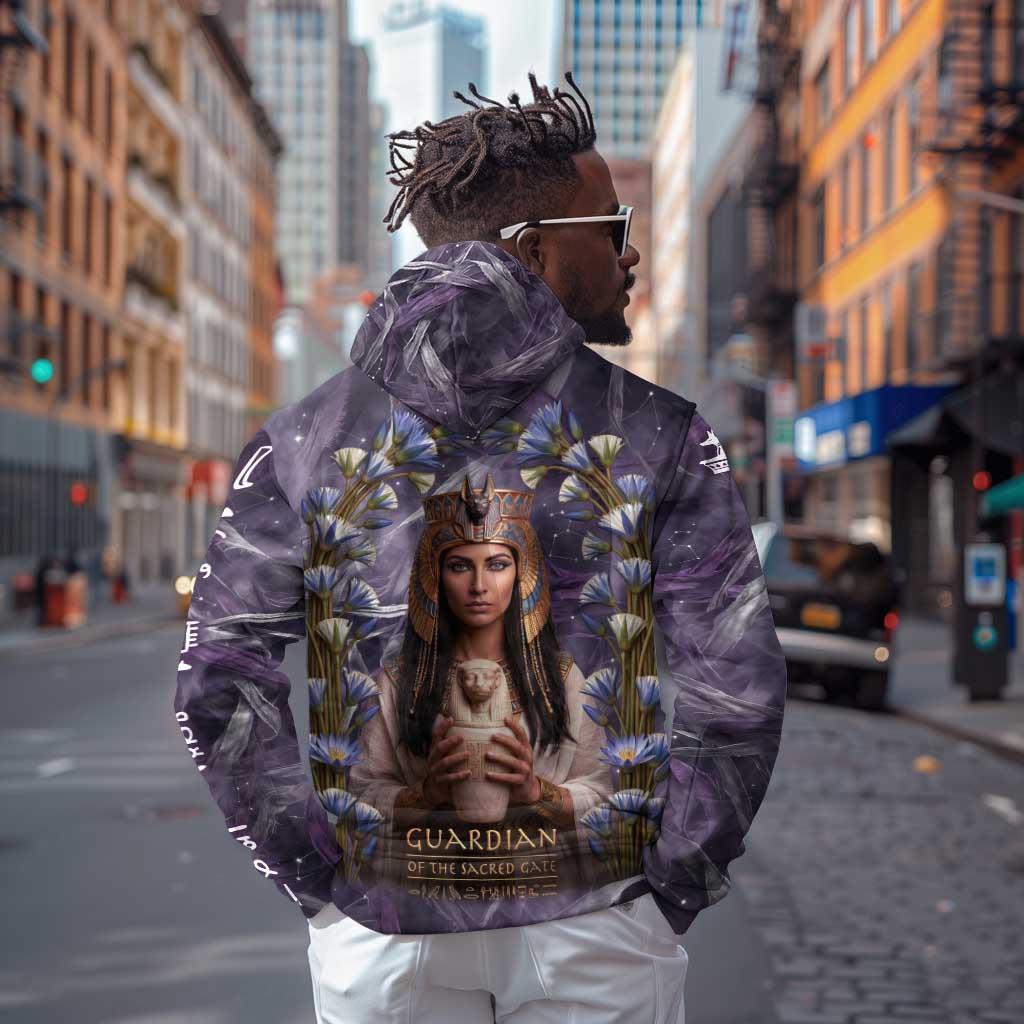Anput Sacred Urn Hoodie with Papyrus Flowers Egyptian Guardian in Violet Mist