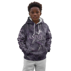 Anput Sacred Urn Kid Hoodie with Papyrus Flowers Egyptian Guardian in Violet Mist