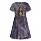 Anput Sacred Urn Kid Short Sleeve Dress with Papyrus Flowers Egyptian Guardian in Violet Mist