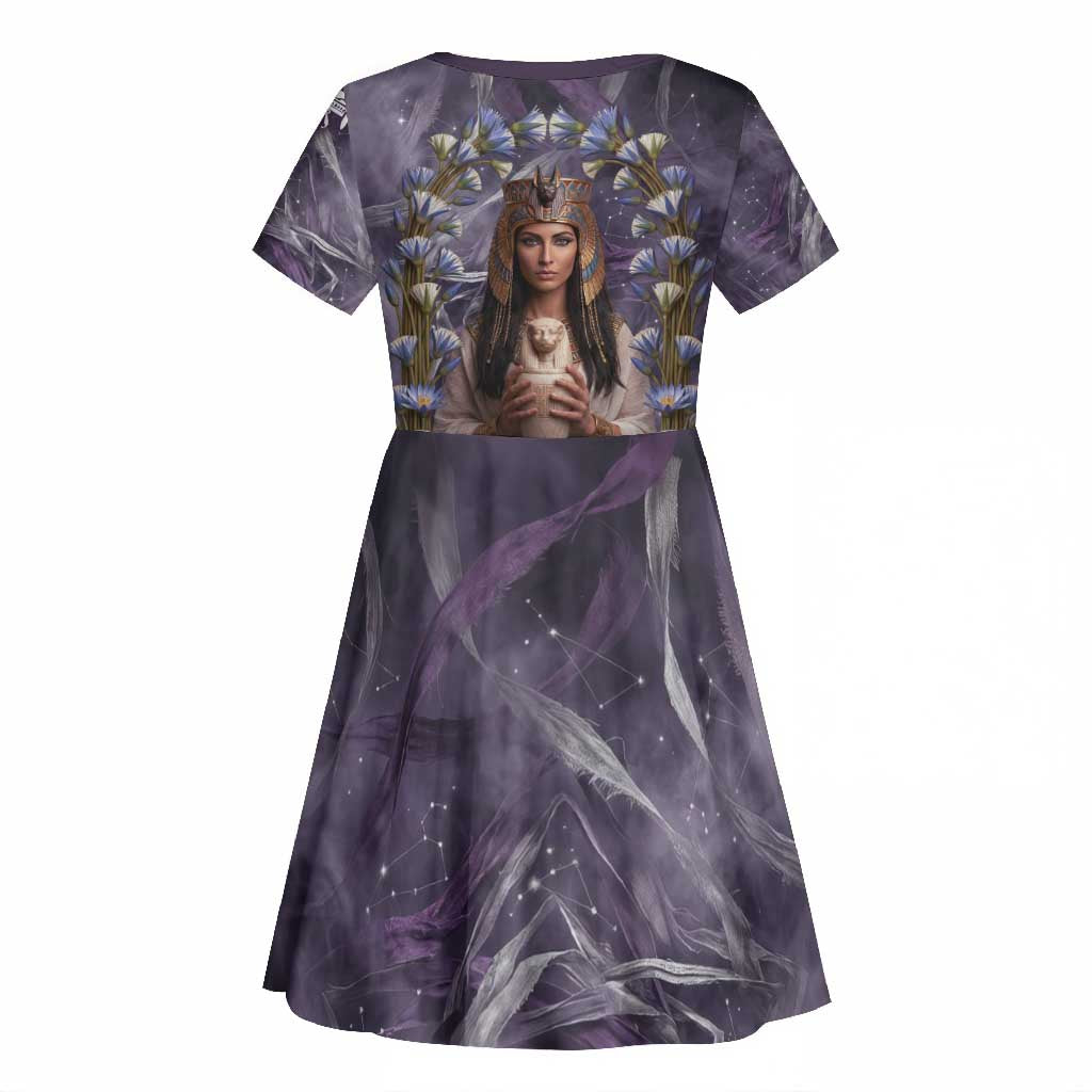 Anput Sacred Urn Kid Short Sleeve Dress with Papyrus Flowers Egyptian Guardian in Violet Mist