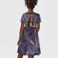 Anput Sacred Urn Kid Short Sleeve Dress with Papyrus Flowers Egyptian Guardian in Violet Mist