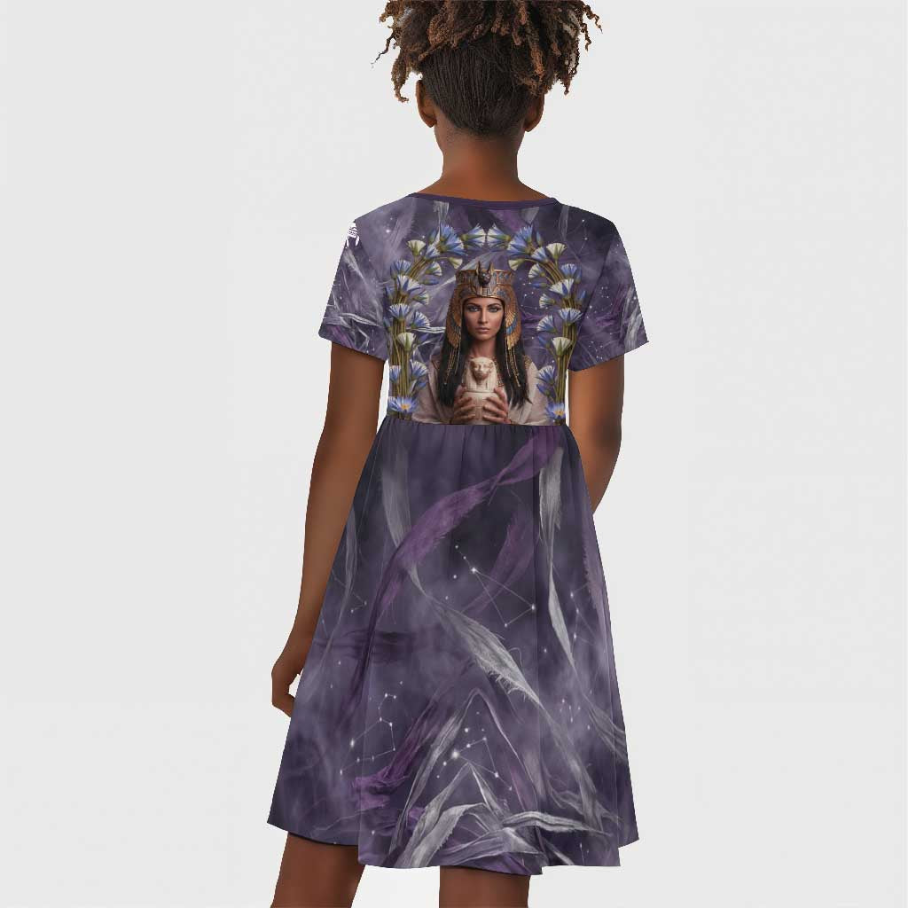 Anput Sacred Urn Kid Short Sleeve Dress with Papyrus Flowers Egyptian Guardian in Violet Mist