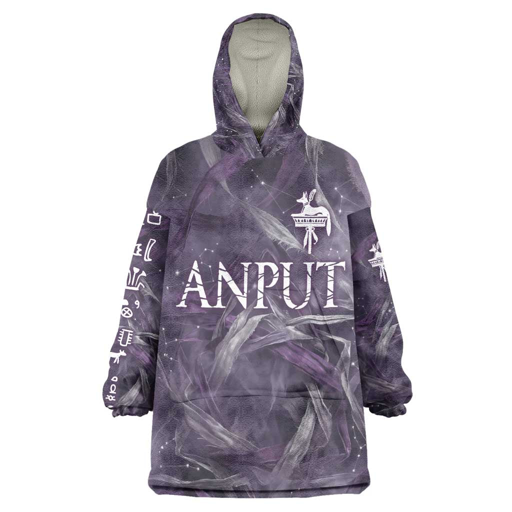 Anput Sacred Urn Kid Wearable Blanket Hoodie with Papyrus Flowers Egyptian Guardian in Violet Mist