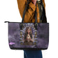 Anput Sacred Urn Leather Tote Bag with Papyrus Flowers Egyptian Guardian in Violet Mist