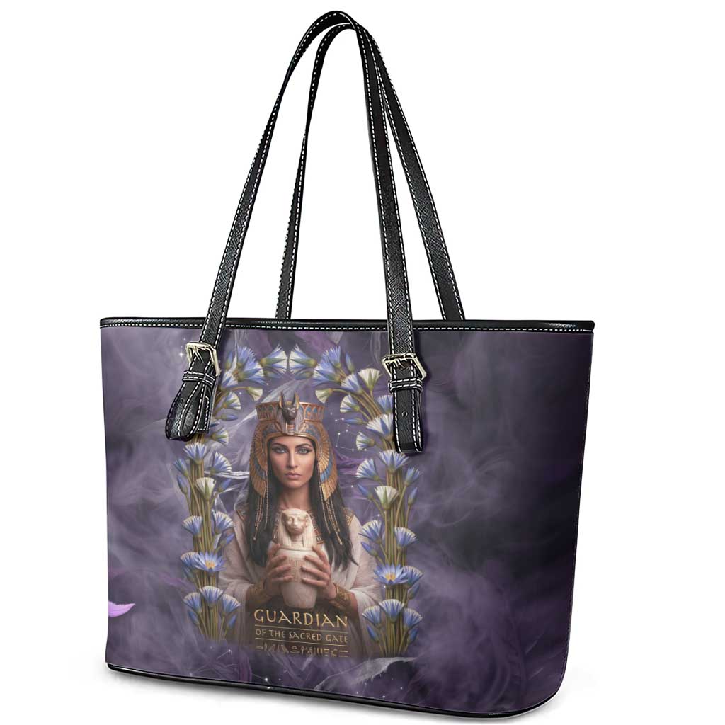 Anput Sacred Urn Leather Tote Bag with Papyrus Flowers Egyptian Guardian in Violet Mist