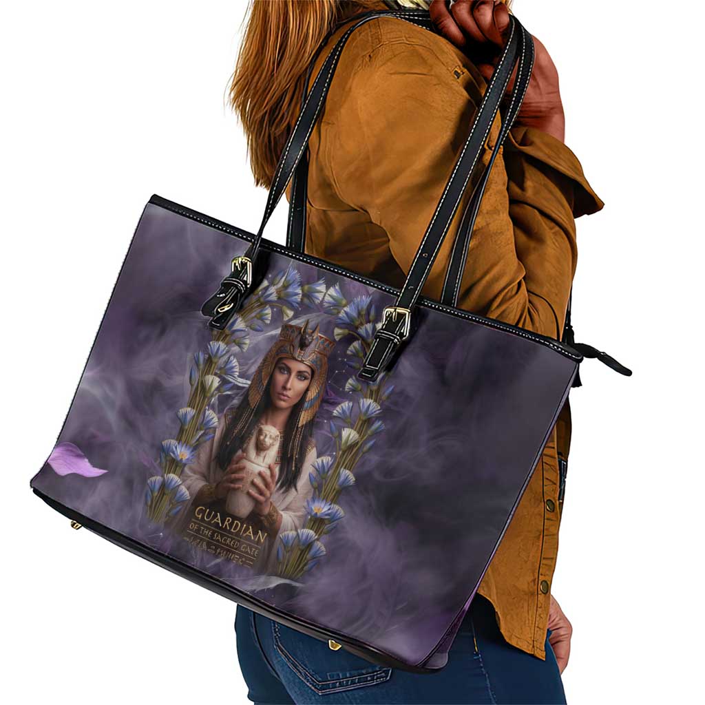 Anput Sacred Urn Leather Tote Bag with Papyrus Flowers Egyptian Guardian in Violet Mist