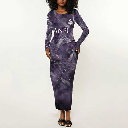 Anput Sacred Urn Long Sleeve Bodycon Dress with Papyrus Flowers Egyptian Guardian in Violet Mist