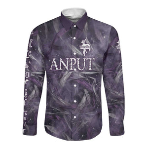 Anput Sacred Urn Long Sleeve Button Shirt with Papyrus Flowers Egyptian Guardian in Violet Mist