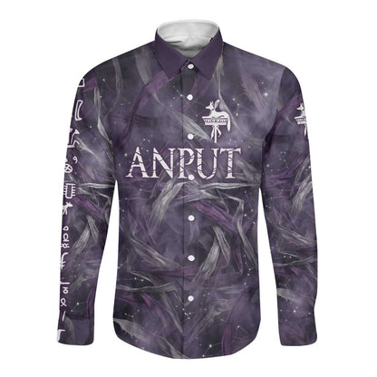 Anput Sacred Urn Long Sleeve Button Shirt with Papyrus Flowers Egyptian Guardian in Violet Mist