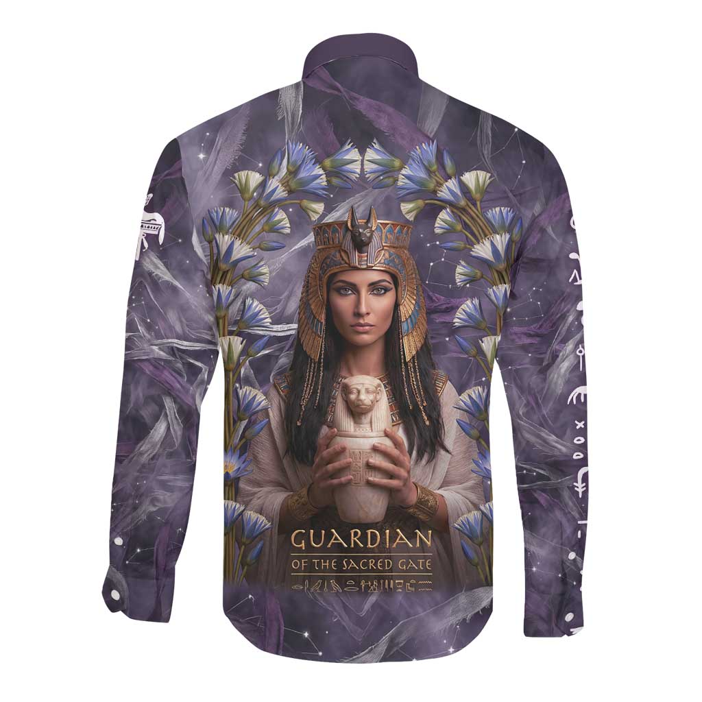 Anput Sacred Urn Long Sleeve Button Shirt with Papyrus Flowers Egyptian Guardian in Violet Mist