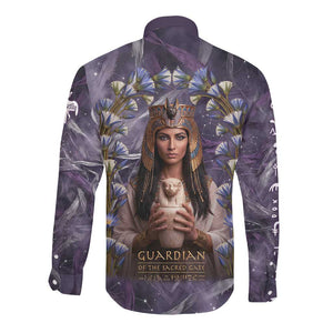 Anput Sacred Urn Long Sleeve Button Shirt with Papyrus Flowers Egyptian Guardian in Violet Mist