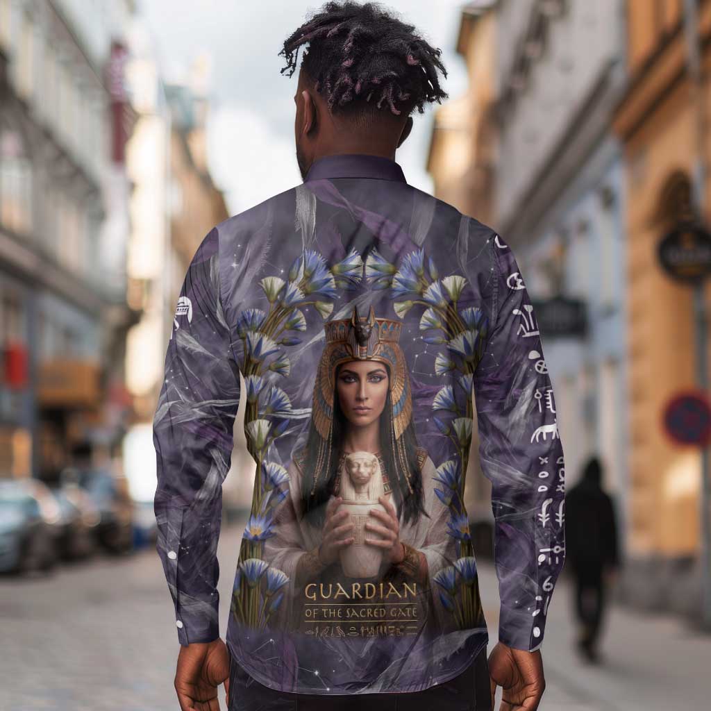 Anput Sacred Urn Long Sleeve Button Shirt with Papyrus Flowers Egyptian Guardian in Violet Mist