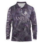 Anput Sacred Urn Long Sleeve Polo Shirt with Papyrus Flowers Egyptian Guardian in Violet Mist