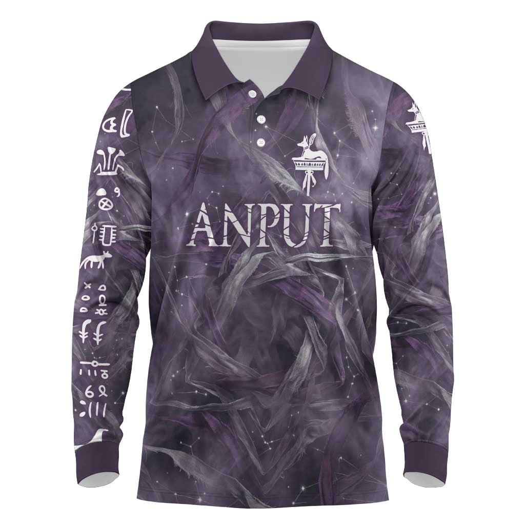 Anput Sacred Urn Long Sleeve Polo Shirt with Papyrus Flowers Egyptian Guardian in Violet Mist