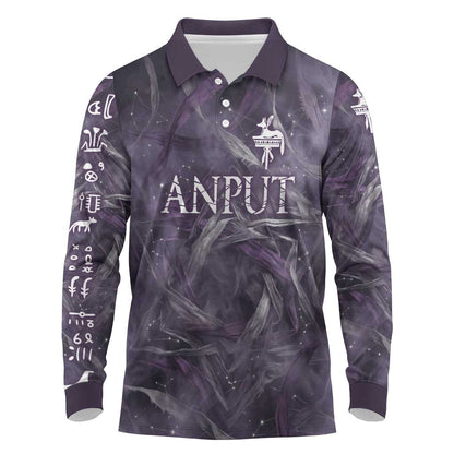 Anput Sacred Urn Long Sleeve Polo Shirt with Papyrus Flowers Egyptian Guardian in Violet Mist
