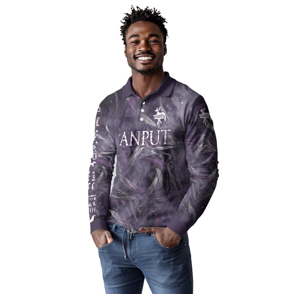 Anput Sacred Urn Long Sleeve Polo Shirt with Papyrus Flowers Egyptian Guardian in Violet Mist