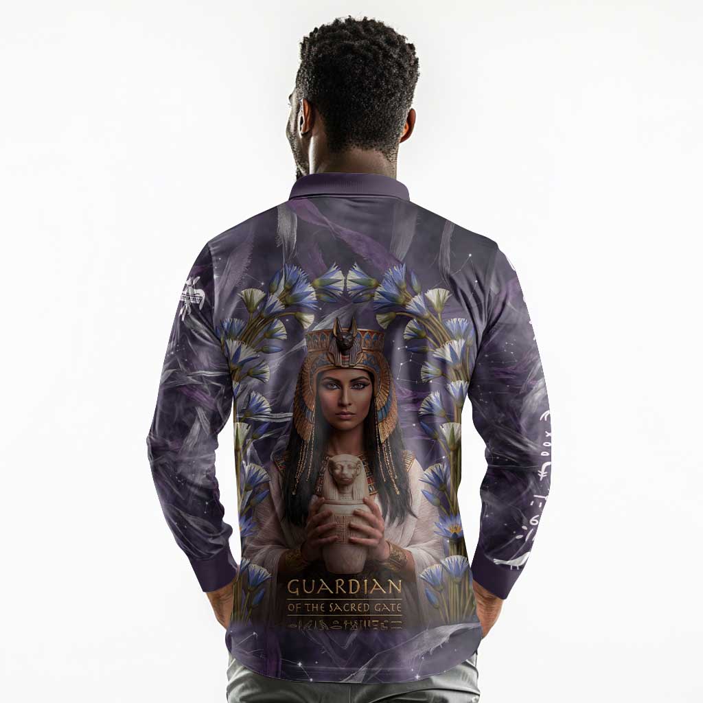 Anput Sacred Urn Long Sleeve Polo Shirt with Papyrus Flowers Egyptian Guardian in Violet Mist