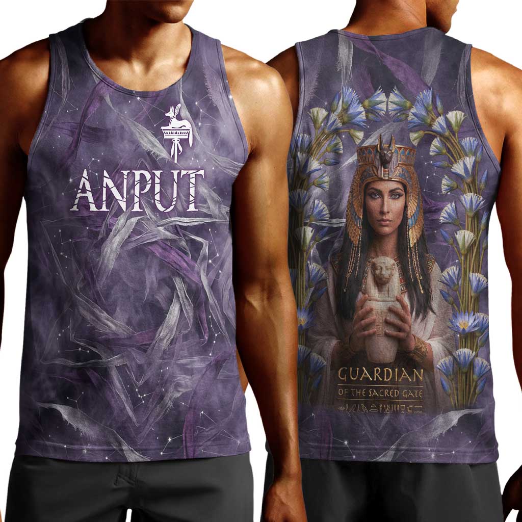 Anput Sacred Urn Men Tank Top with Papyrus Flowers Egyptian Guardian in Violet Mist