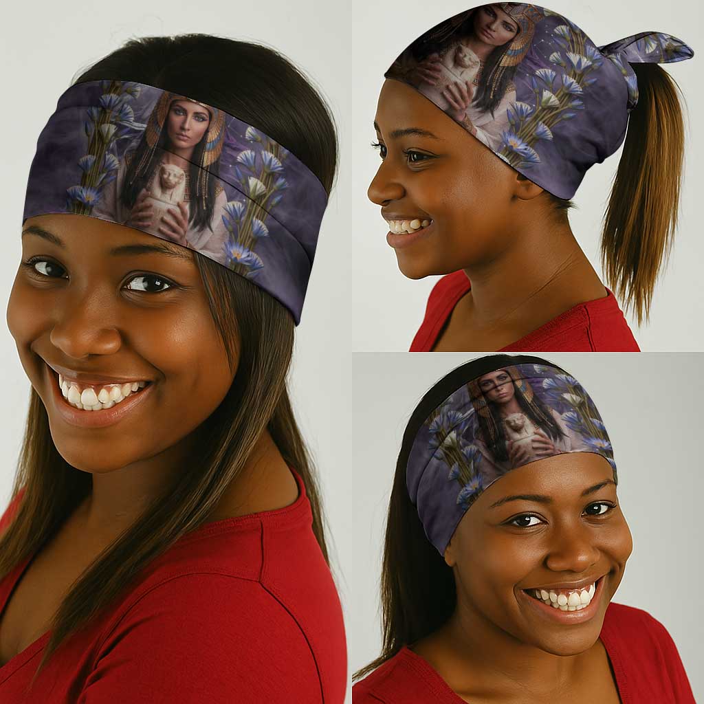 Anput Sacred Urn Neck Gaiter with Papyrus Flowers Egyptian Guardian in Violet Mist