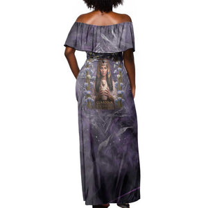 Anput Sacred Urn Off Shoulder Maxi Dress with Papyrus Flowers Egyptian Guardian in Violet Mist