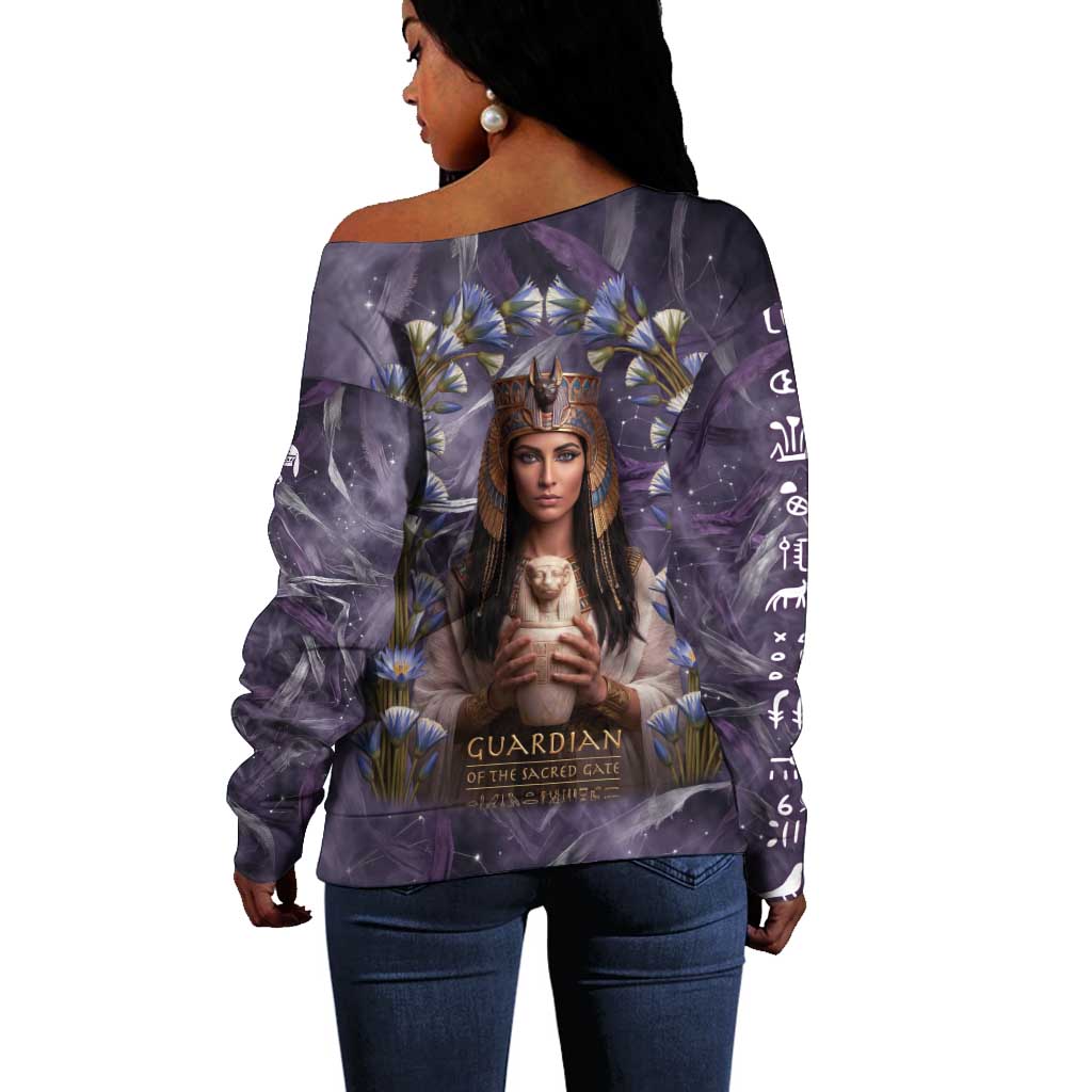 Anput Sacred Urn Off Shoulder Sweater with Papyrus Flowers Egyptian Guardian in Violet Mist