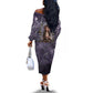 Anput Sacred Urn Off The Shoulder Long Sleeve Dress with Papyrus Flowers Egyptian Guardian in Violet Mist