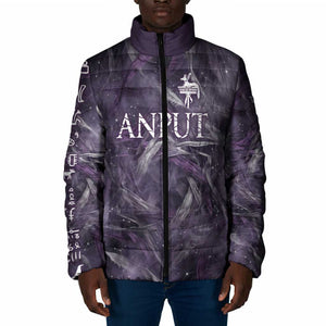 Anput Sacred Urn Padded Jacket with Papyrus Flowers Egyptian Guardian in Violet Mist