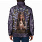 Anput Sacred Urn Padded Jacket with Papyrus Flowers Egyptian Guardian in Violet Mist