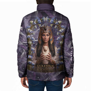 Anput Sacred Urn Padded Jacket with Papyrus Flowers Egyptian Guardian in Violet Mist