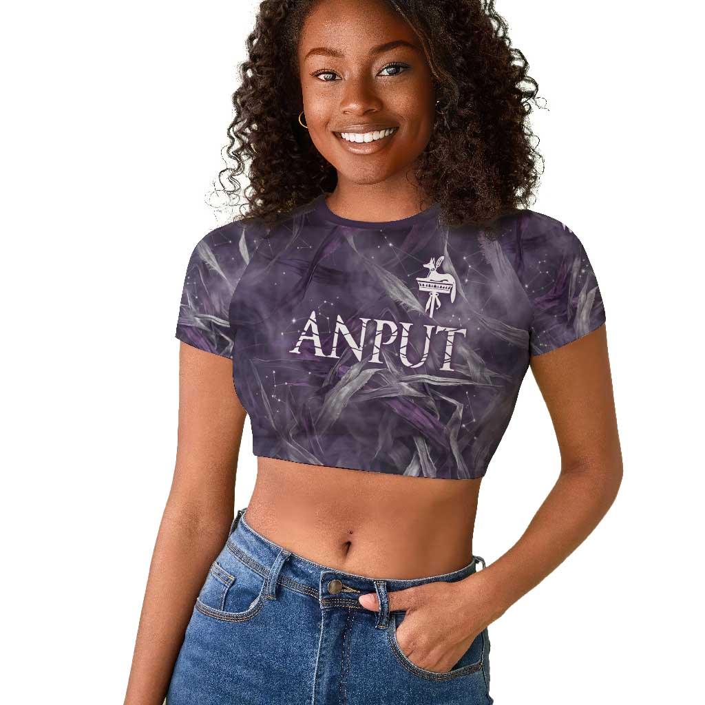 Anput Sacred Urn Raglan Cropped T shirt with Papyrus Flowers Egyptian Guardian in Violet Mist