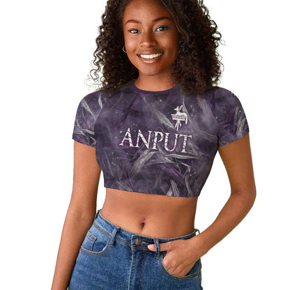 Anput Sacred Urn Raglan Cropped T shirt with Papyrus Flowers Egyptian Guardian in Violet Mist