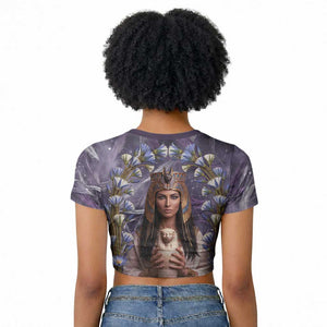 Anput Sacred Urn Raglan Cropped T shirt with Papyrus Flowers Egyptian Guardian in Violet Mist