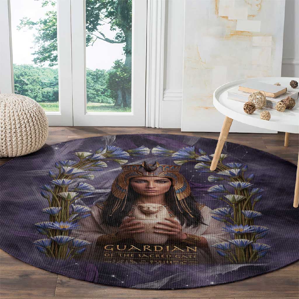 Anput Sacred Urn Round Carpet with Papyrus Flowers Egyptian Guardian in Violet Mist