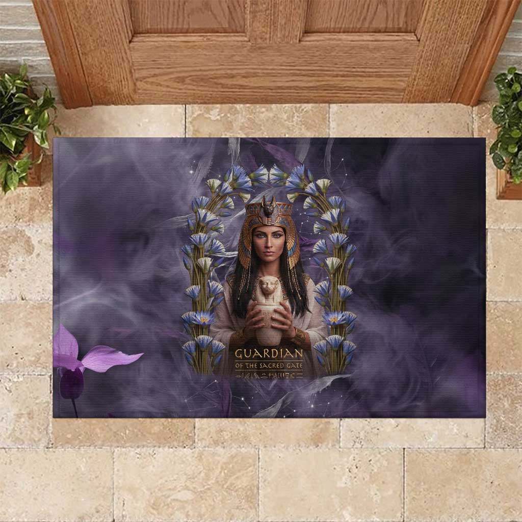 Anput Sacred Urn Rubber Doormat with Papyrus Flowers Egyptian Guardian in Violet Mist