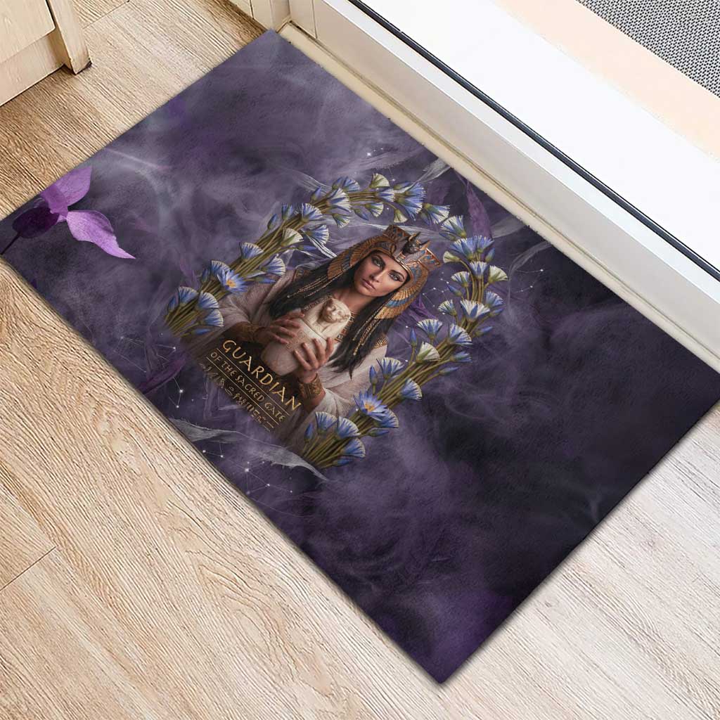Anput Sacred Urn Rubber Doormat with Papyrus Flowers Egyptian Guardian in Violet Mist