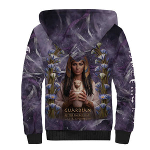 Anput Sacred Urn Sherpa Hoodie with Papyrus Flowers Egyptian Guardian in Violet Mist