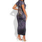 Anput Sacred Urn Short Sleeve Bodycon Dress with Papyrus Flowers Egyptian Guardian in Violet Mist