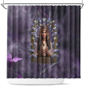 Anput Sacred Urn Shower Curtain with Papyrus Flowers Egyptian Guardian in Violet Mist