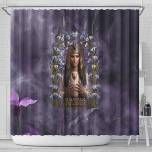 Anput Sacred Urn Shower Curtain with Papyrus Flowers Egyptian Guardian in Violet Mist