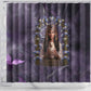 Anput Sacred Urn Shower Curtain with Papyrus Flowers Egyptian Guardian in Violet Mist